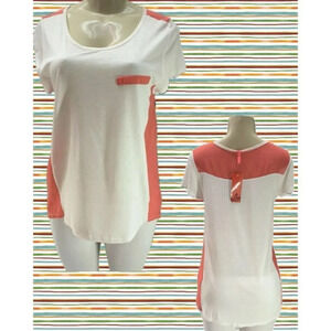 M.M S Coral Sheer Color- Blocked Scoop Neck Step-Hem Short Sleeve Blouse